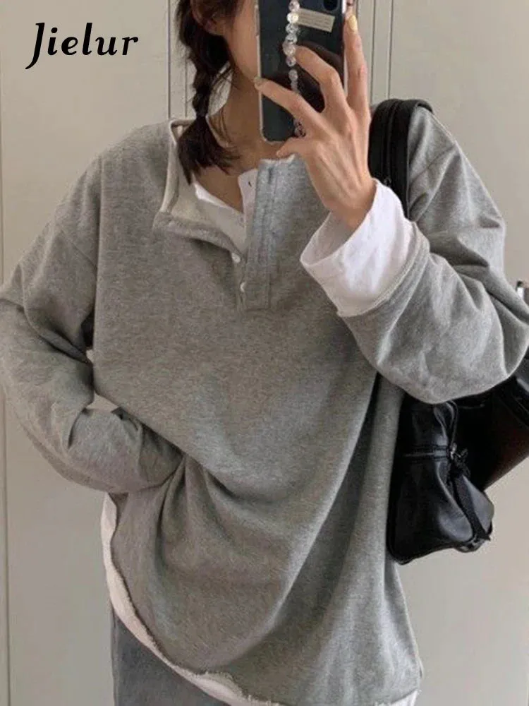 Metaversmall Women Fake 2 Pieces Gray Hoodies Spring Autumn Loose Chic Button Japanese Style Trendy Top Cozy Harajuku Sweatshirt