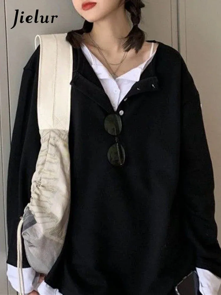 Metaversmall Women Fake 2 Pieces Gray Hoodies Spring Autumn Loose Chic Button Japanese Style Trendy Top Cozy Harajuku Sweatshirt