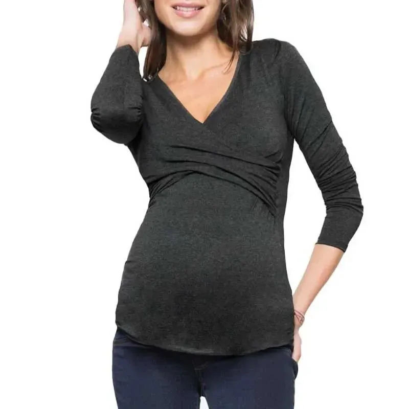 New Outdoor Portable Nursing Clothing V-Neck Maternity Care Tops Maternity Long Sleeve T-shirts Nursing Wear