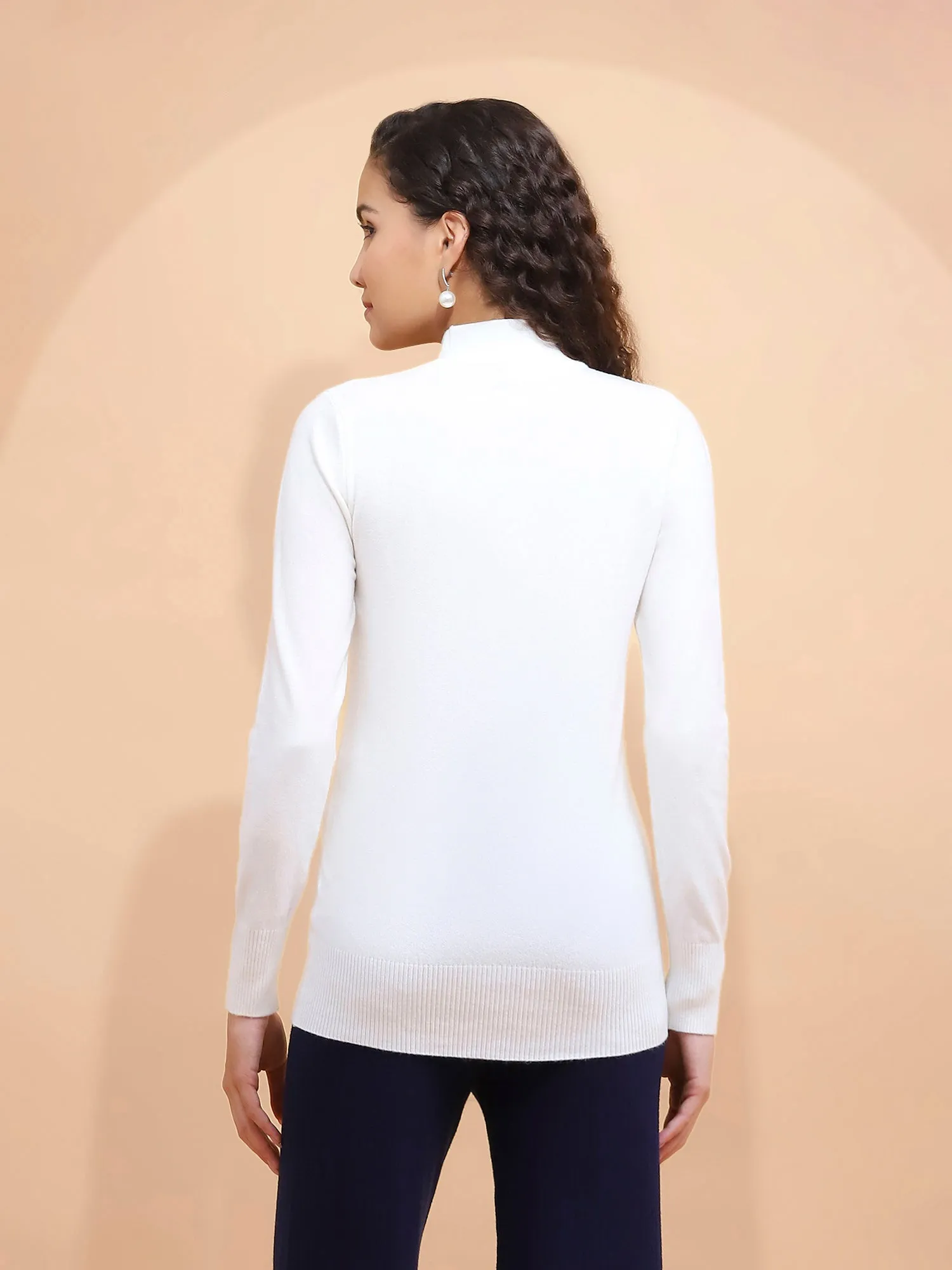 Off White Turtle Neck  Solid Stretchable Skivvy Pullover