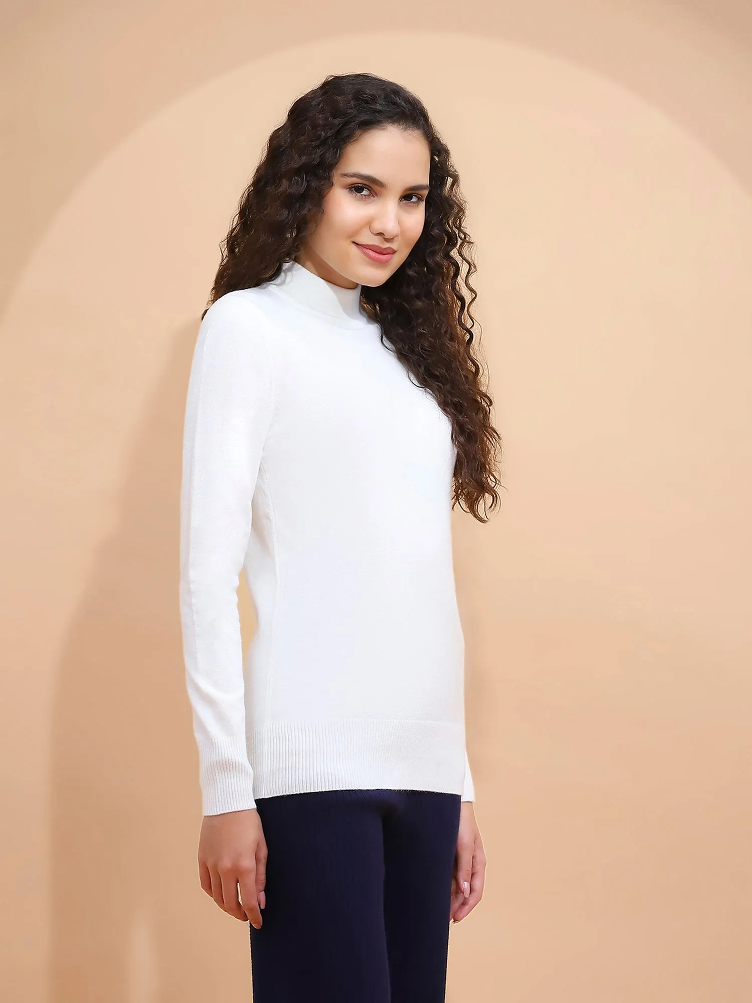 Off White Turtle Neck  Solid Stretchable Skivvy Pullover