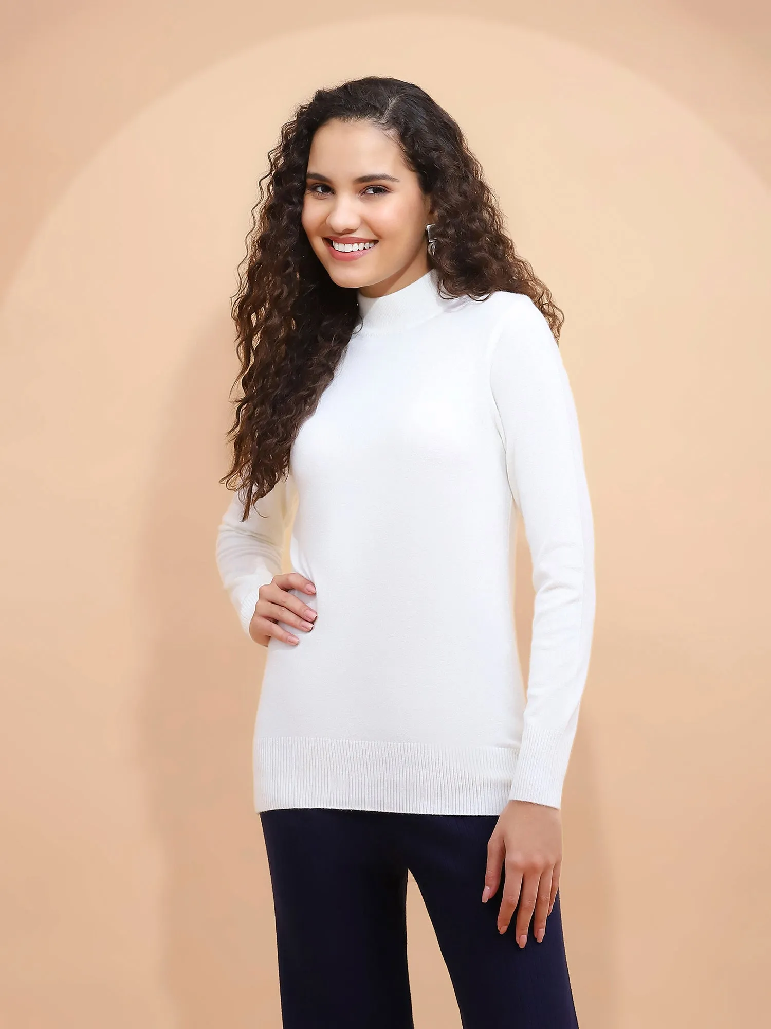 Off White Turtle Neck  Solid Stretchable Skivvy Pullover