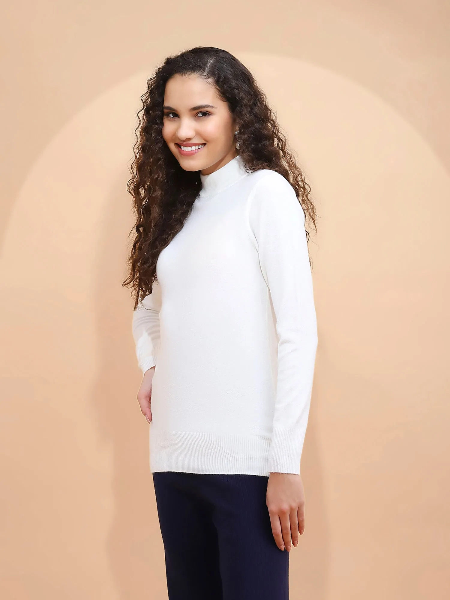 Off White Turtle Neck  Solid Stretchable Skivvy Pullover
