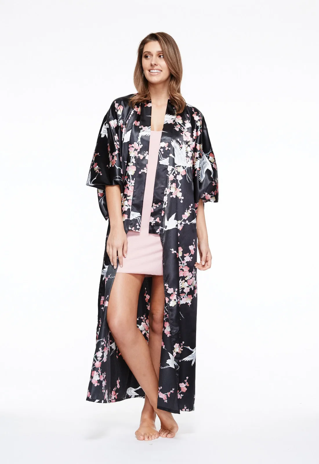 Plum & Crane Long Satin Kimono
