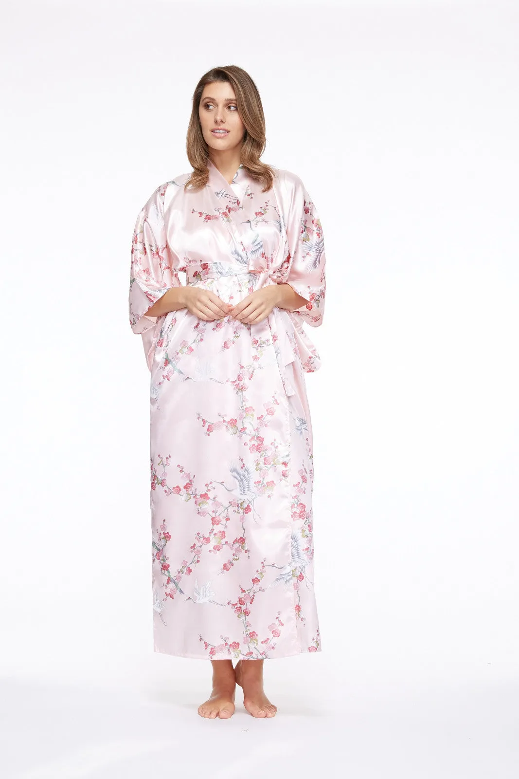 Plum & Crane Long Satin Kimono