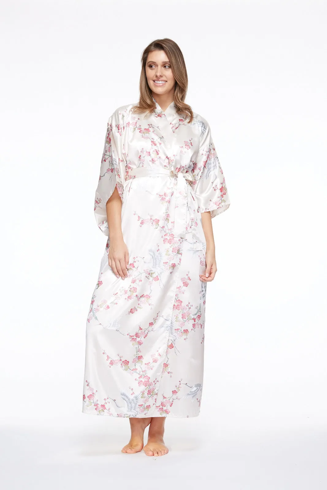 Plum & Crane Long Satin Kimono