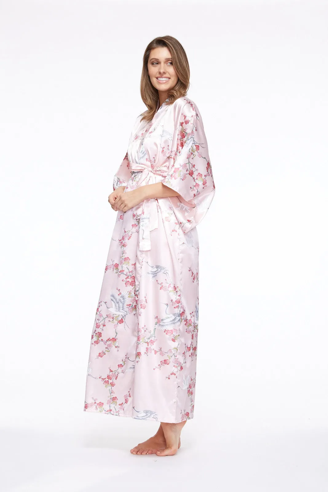 Plum & Crane Long Satin Kimono