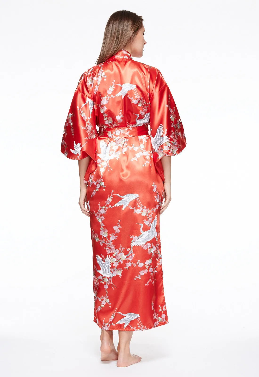 Plum & Crane Long Satin Kimono