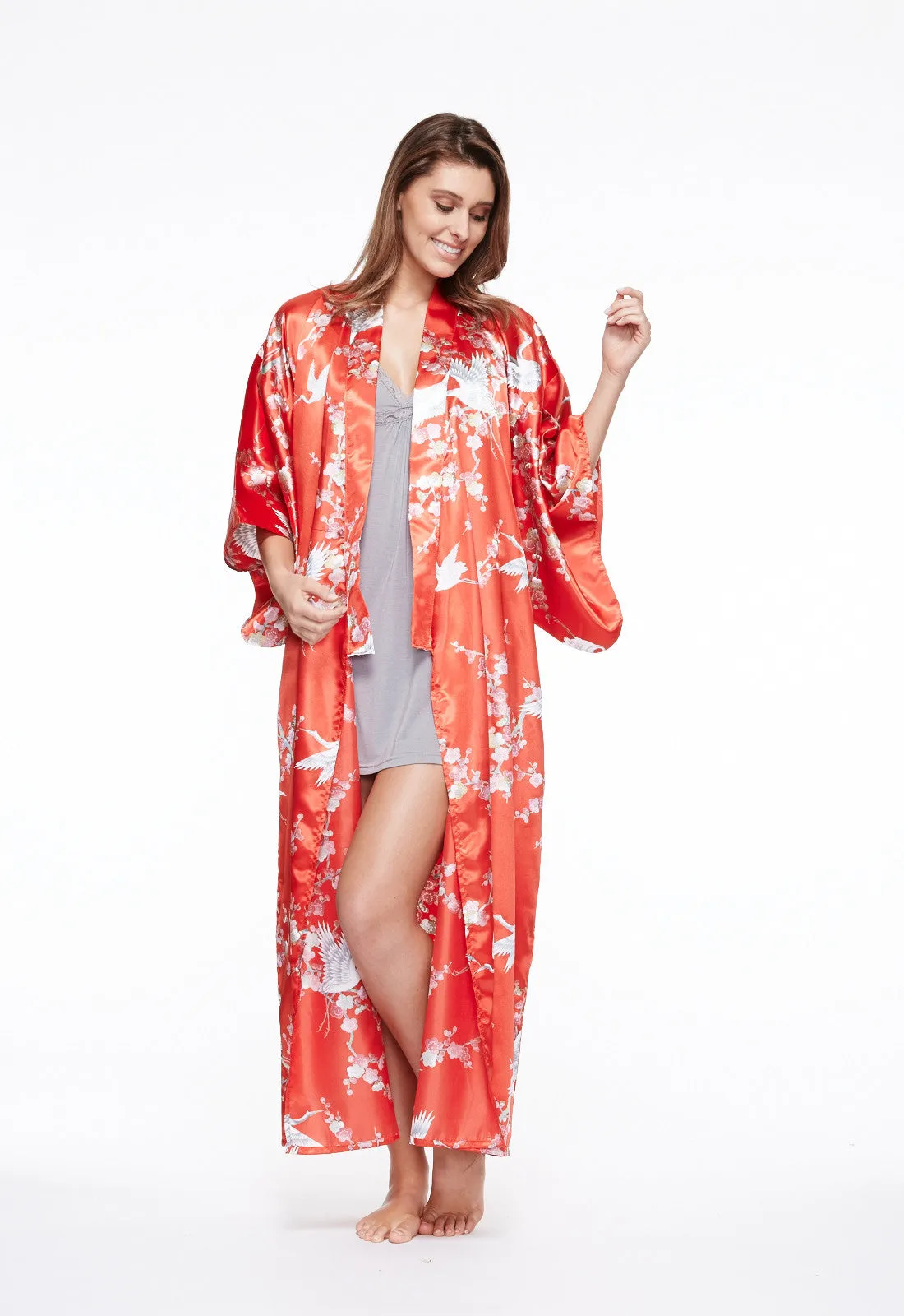 Plum & Crane Long Satin Kimono