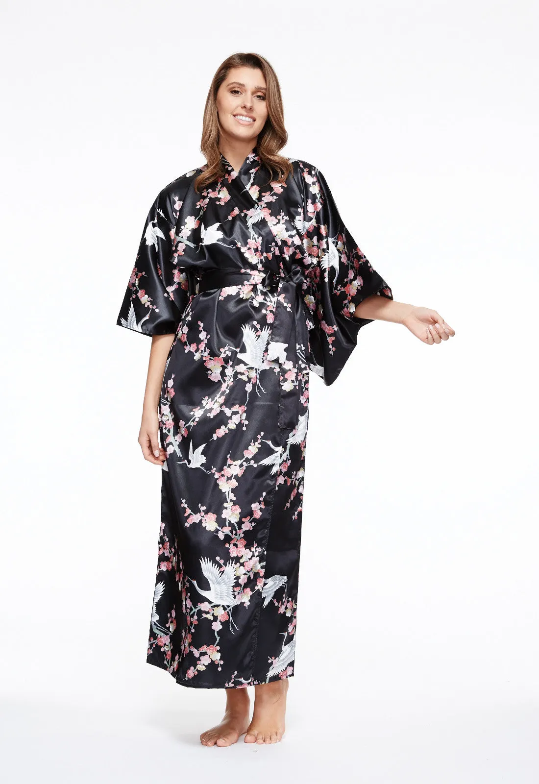 Plum & Crane Long Satin Kimono
