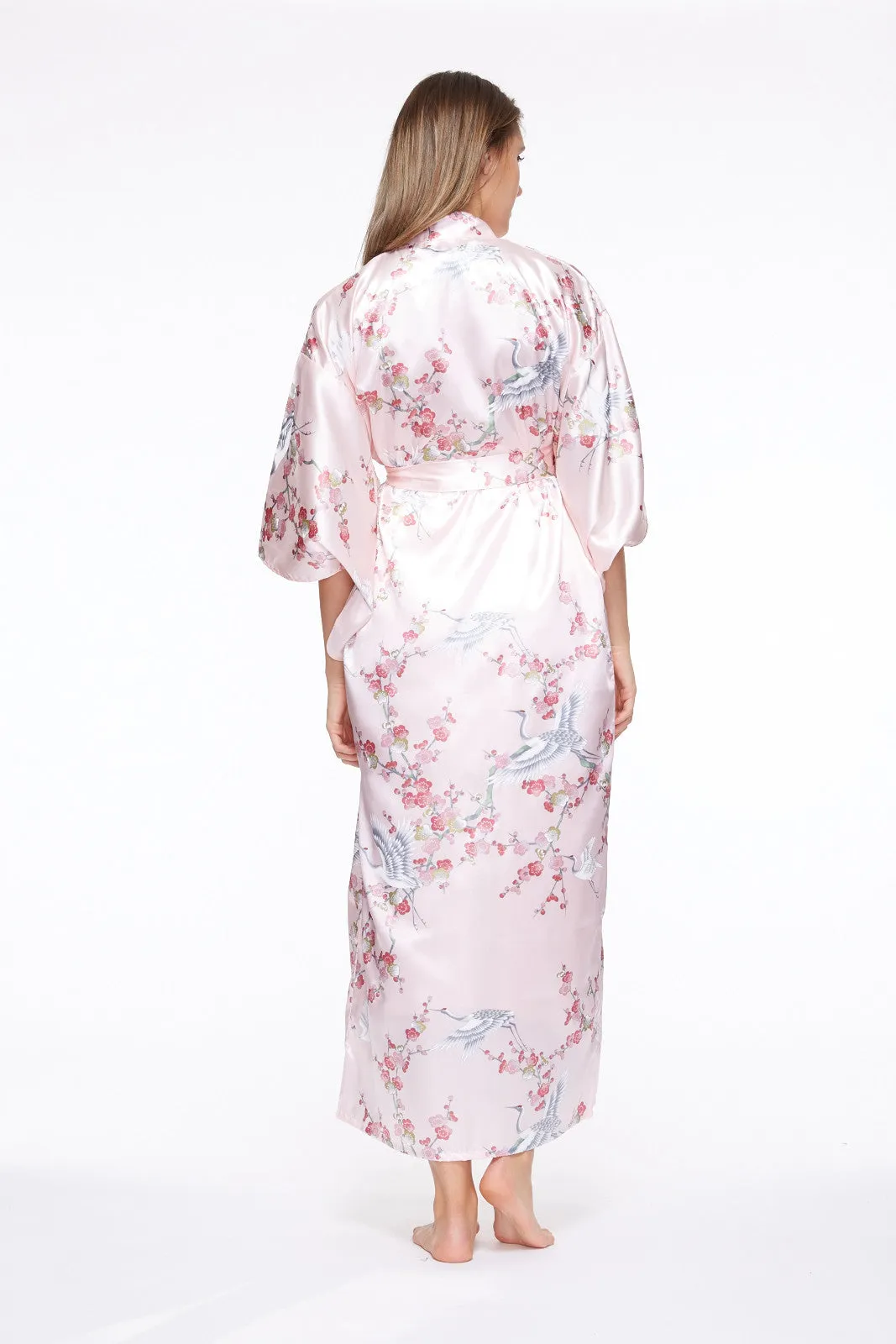 Plum & Crane Long Satin Kimono