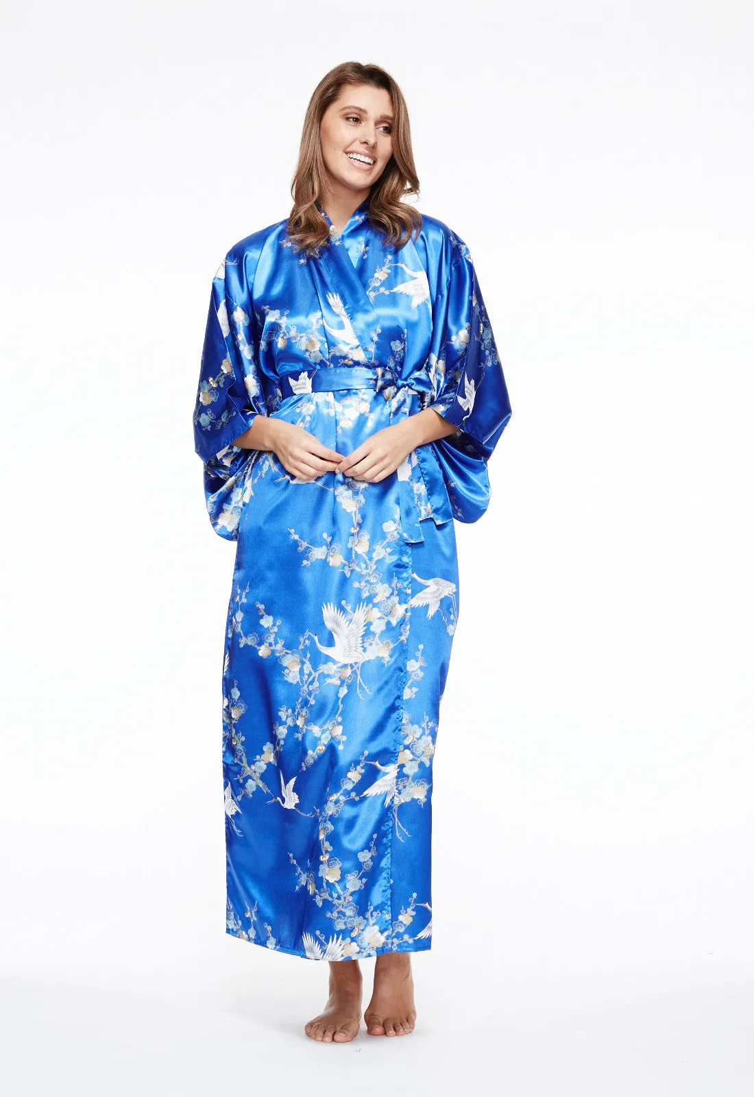 Plum & Crane Long Satin Kimono