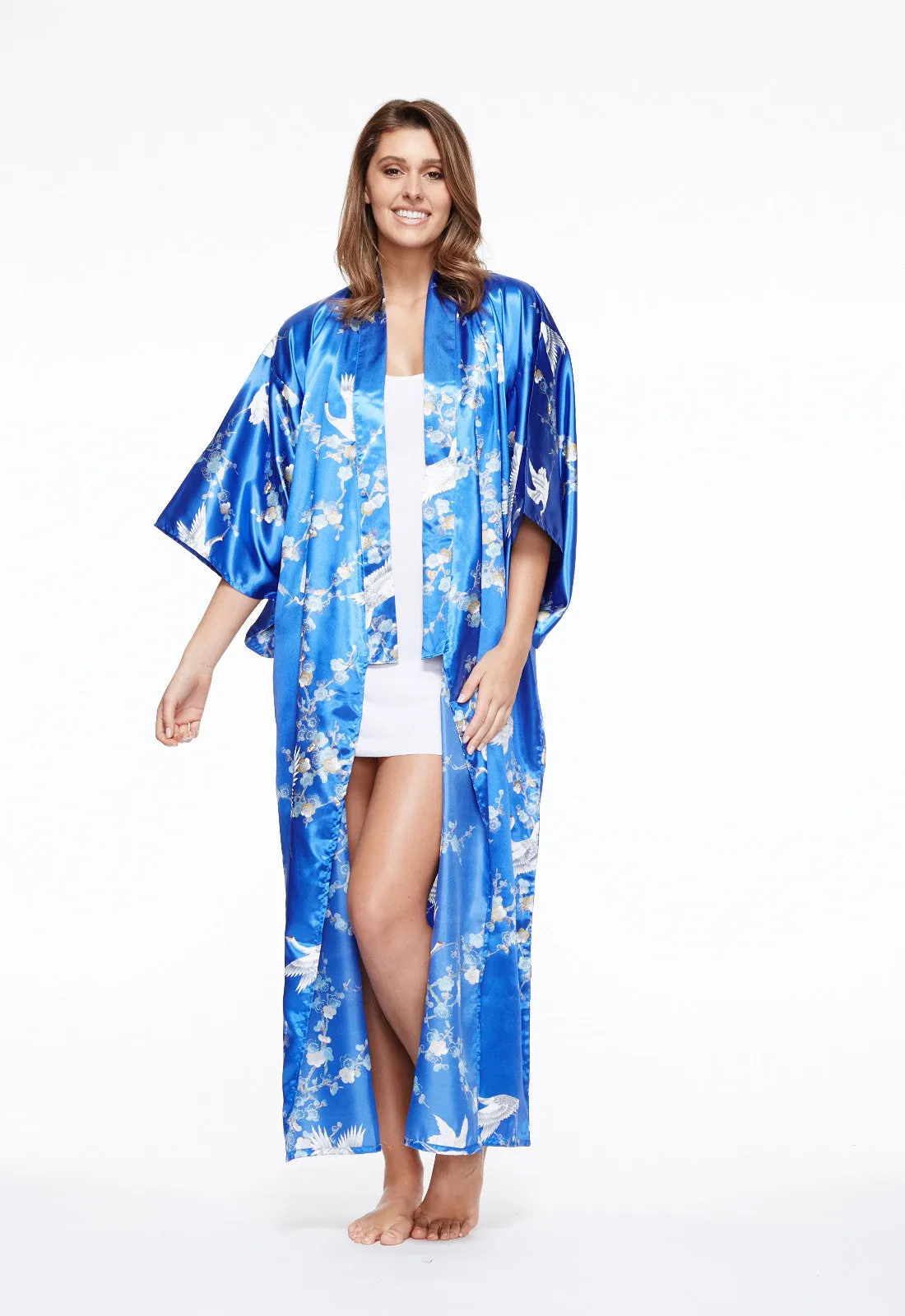Plum & Crane Long Satin Kimono