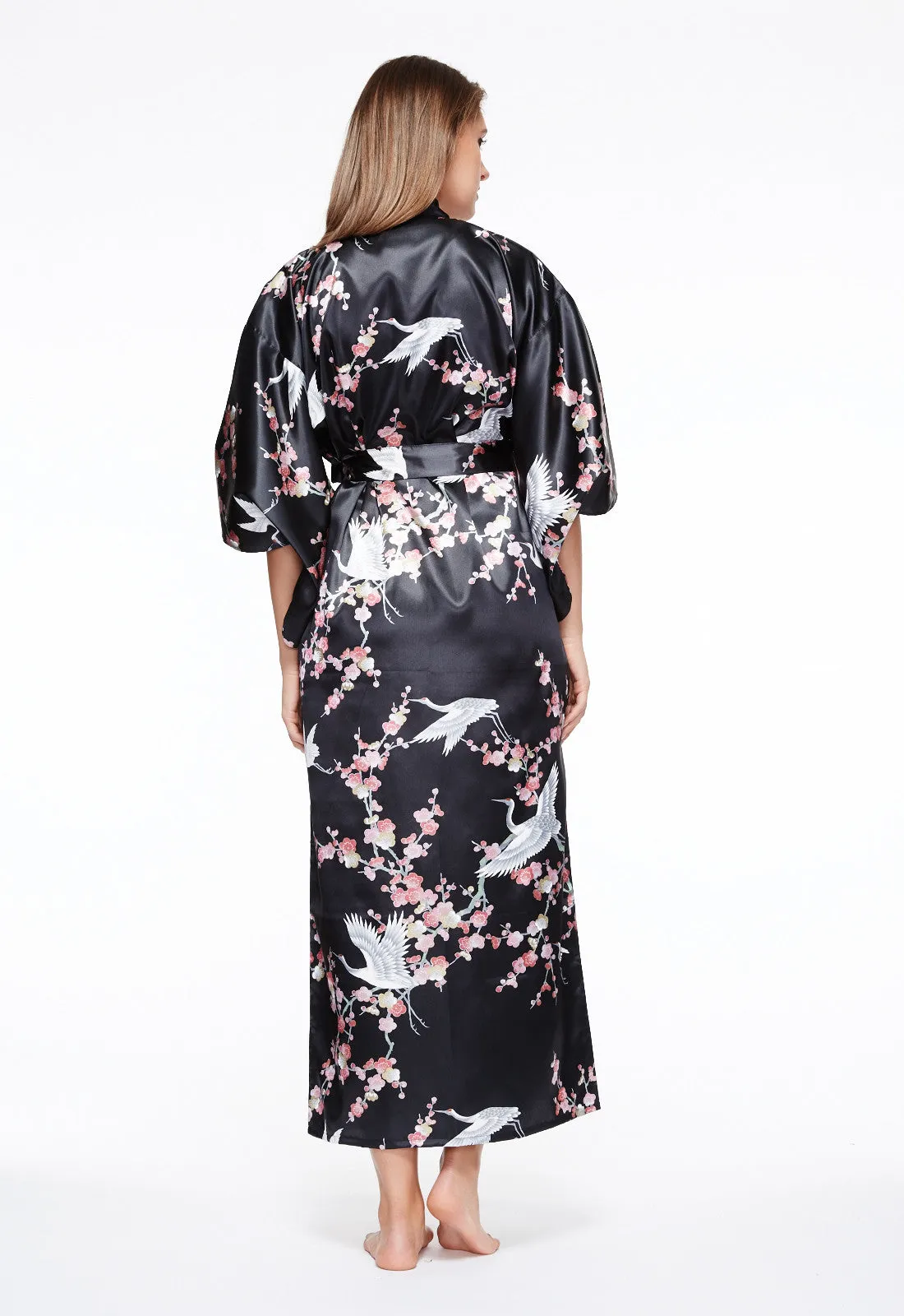 Plum & Crane Long Satin Kimono