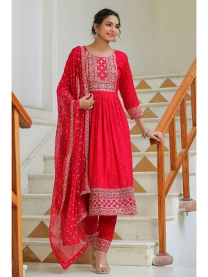 Raatrani Red Embroidered Naira Suit Set