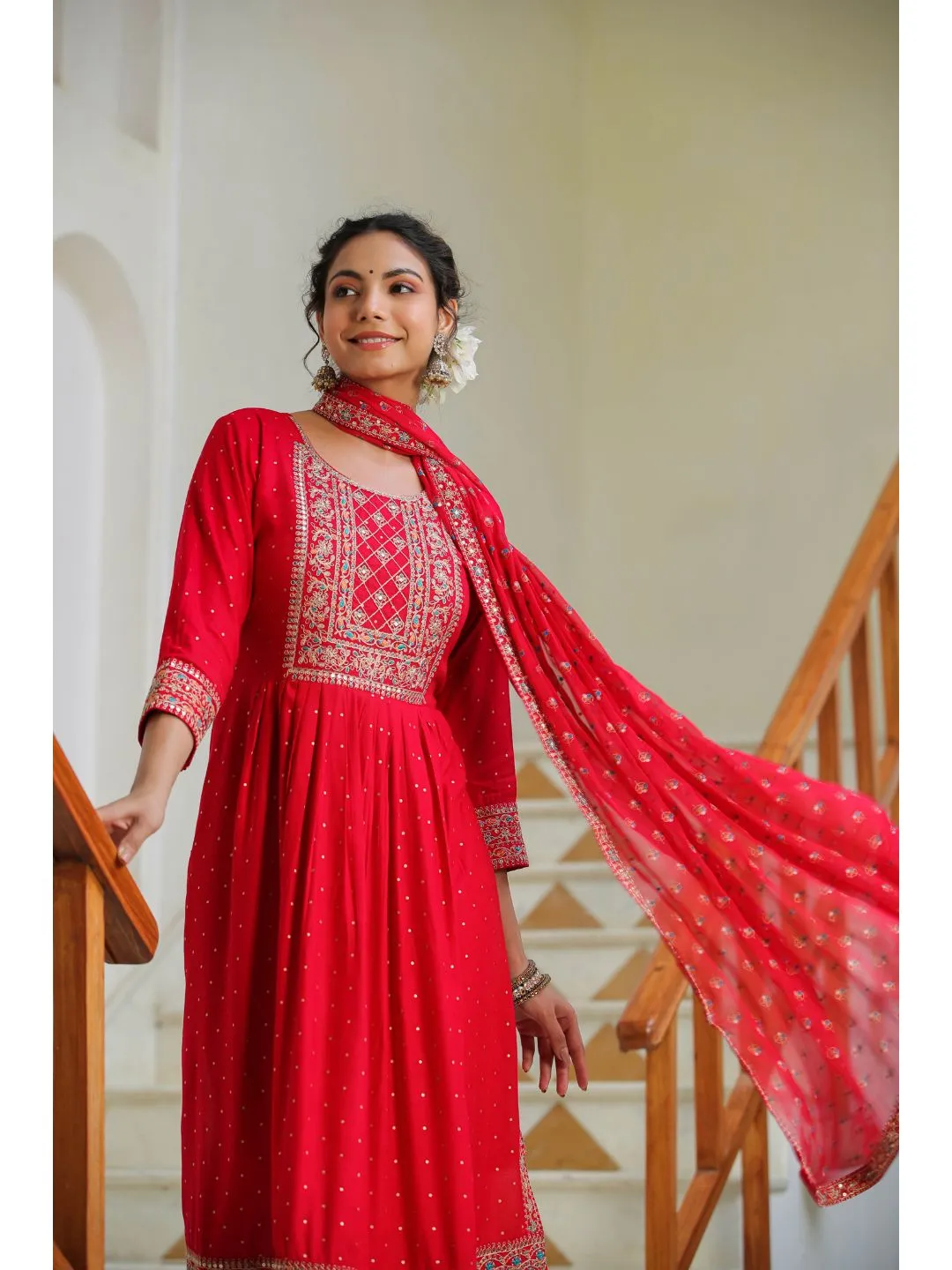 Raatrani Red Embroidered Naira Suit Set
