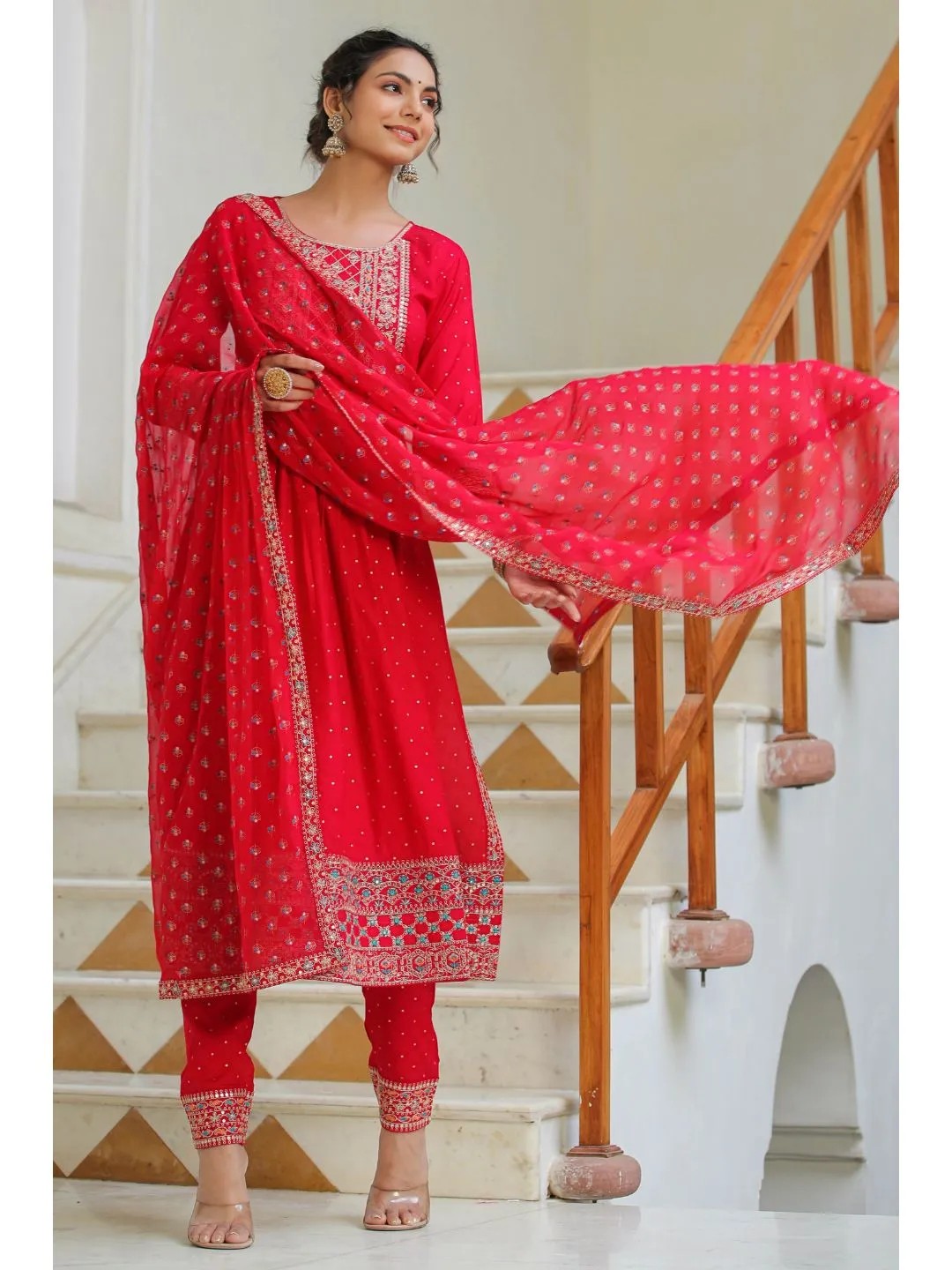 Raatrani Red Embroidered Naira Suit Set