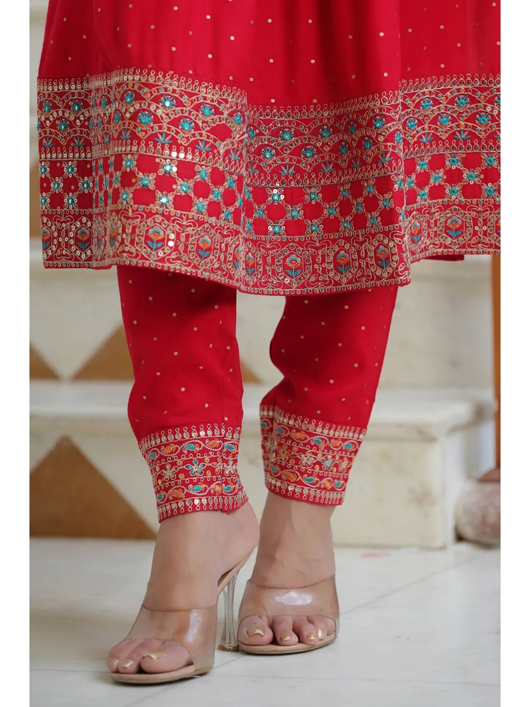 Raatrani Red Embroidered Naira Suit Set