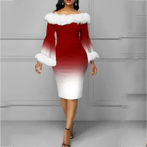 Red and White Ombre Long Sleeve Plush off Shoulder Christmas Dress