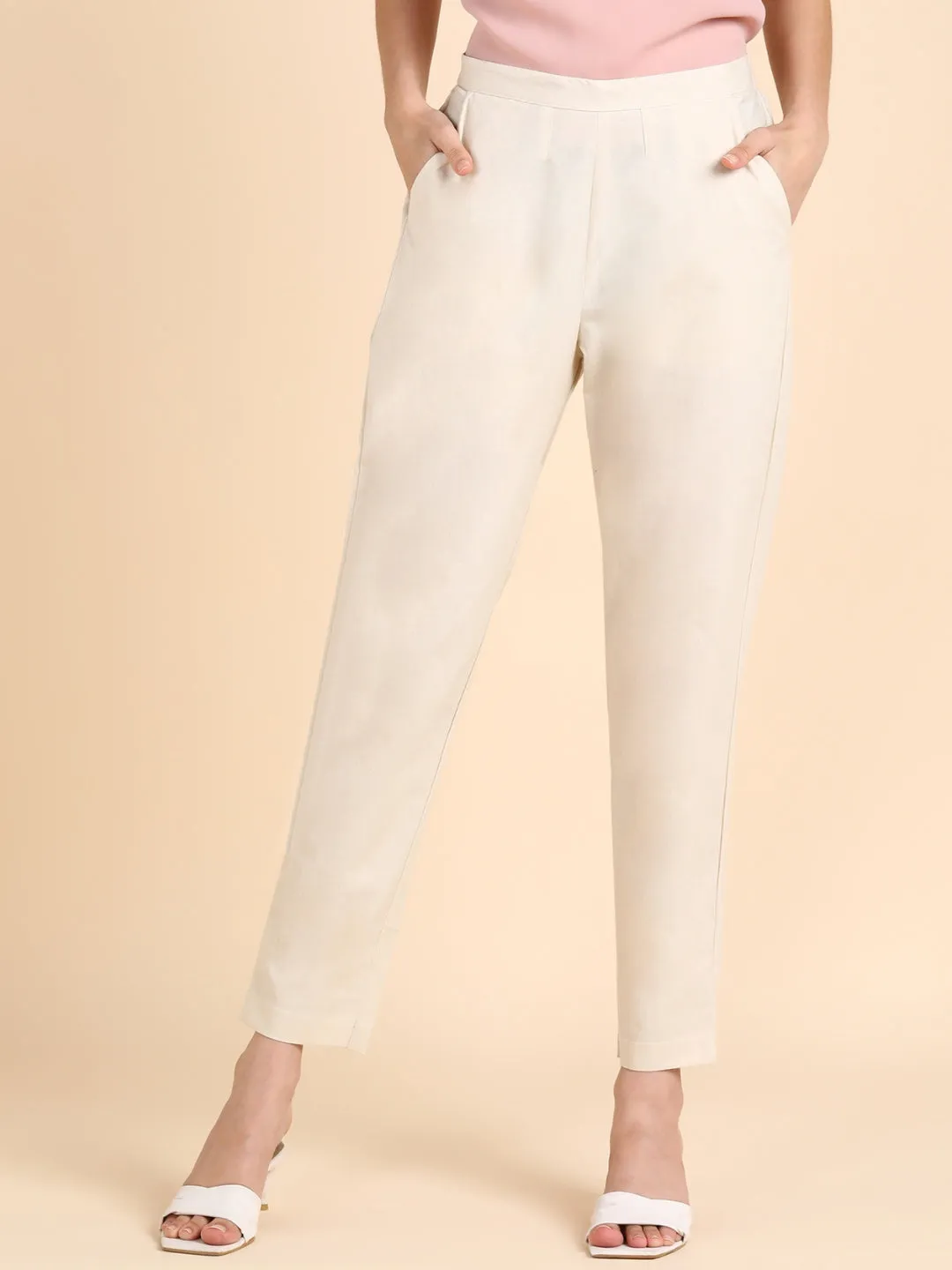 Soft Cotton Solid Color Pant - Cream/Off-White