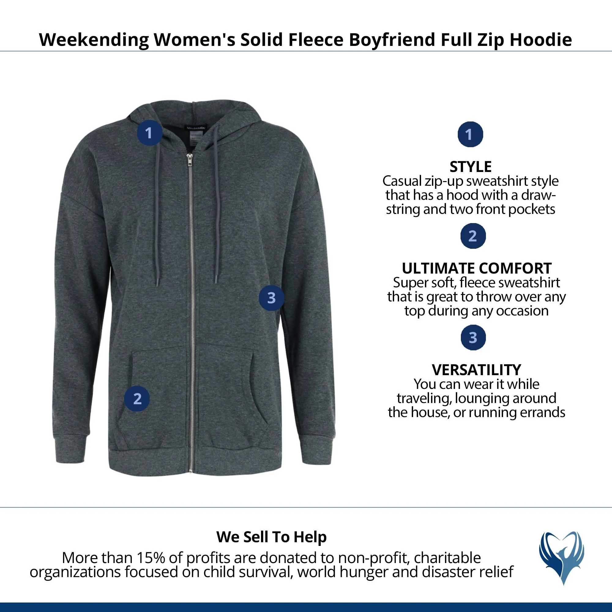 Weekending Women's Solid Fleece Boyfriend Full Zip Hoodie