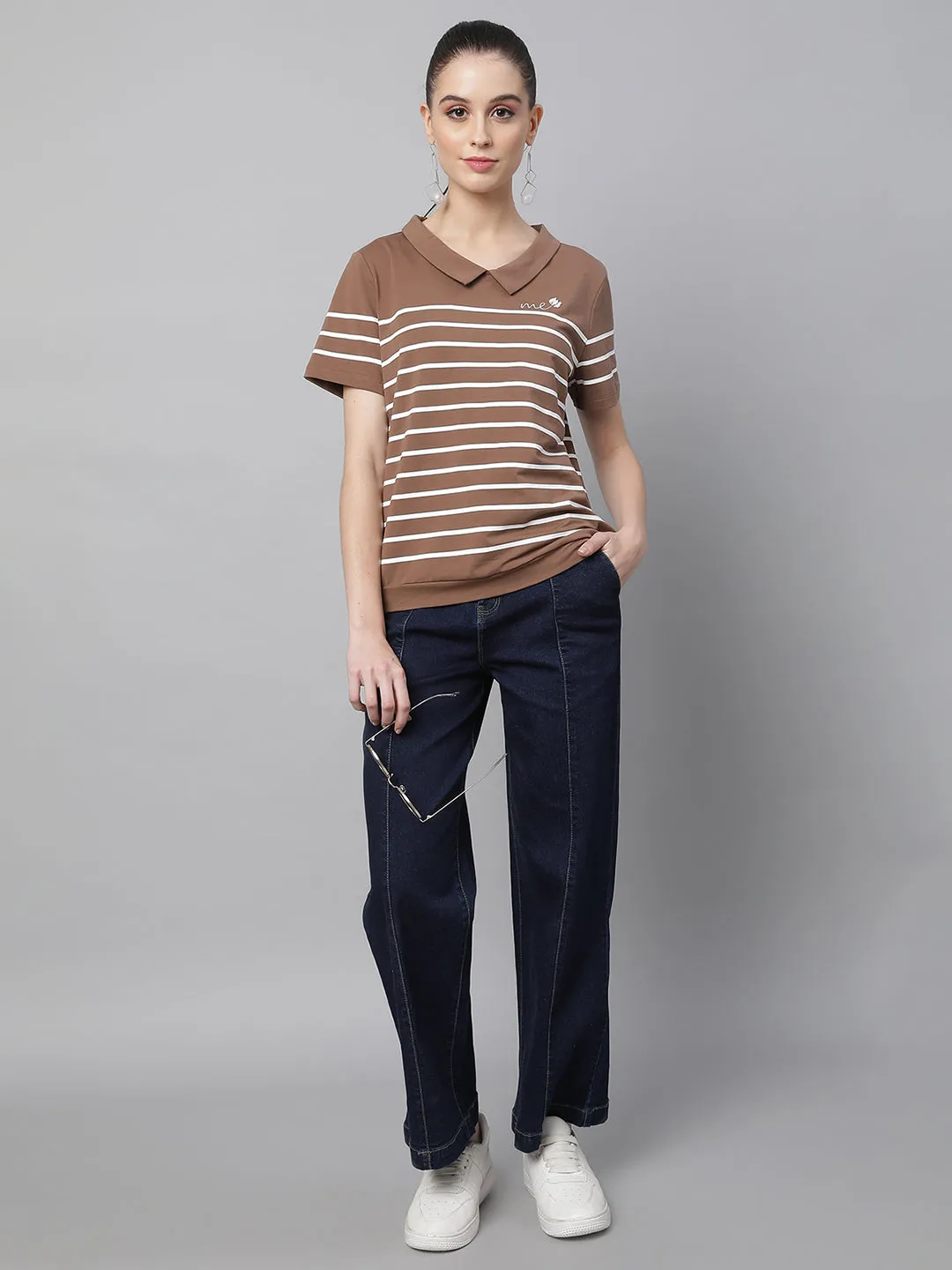 Women Peter Pan Collar White Striped Brown Top
