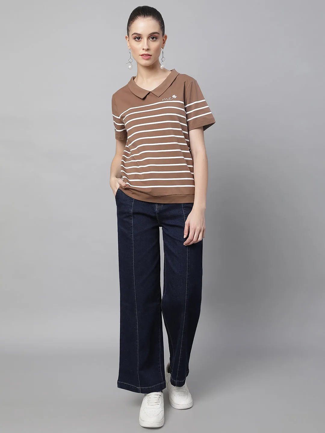Women Peter Pan Collar White Striped Brown Top