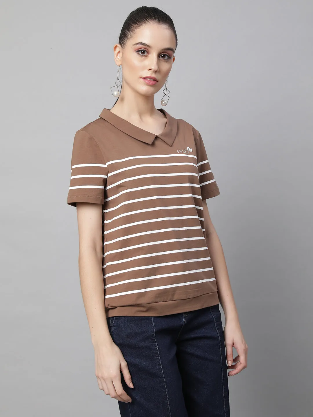 Women Peter Pan Collar White Striped Brown Top