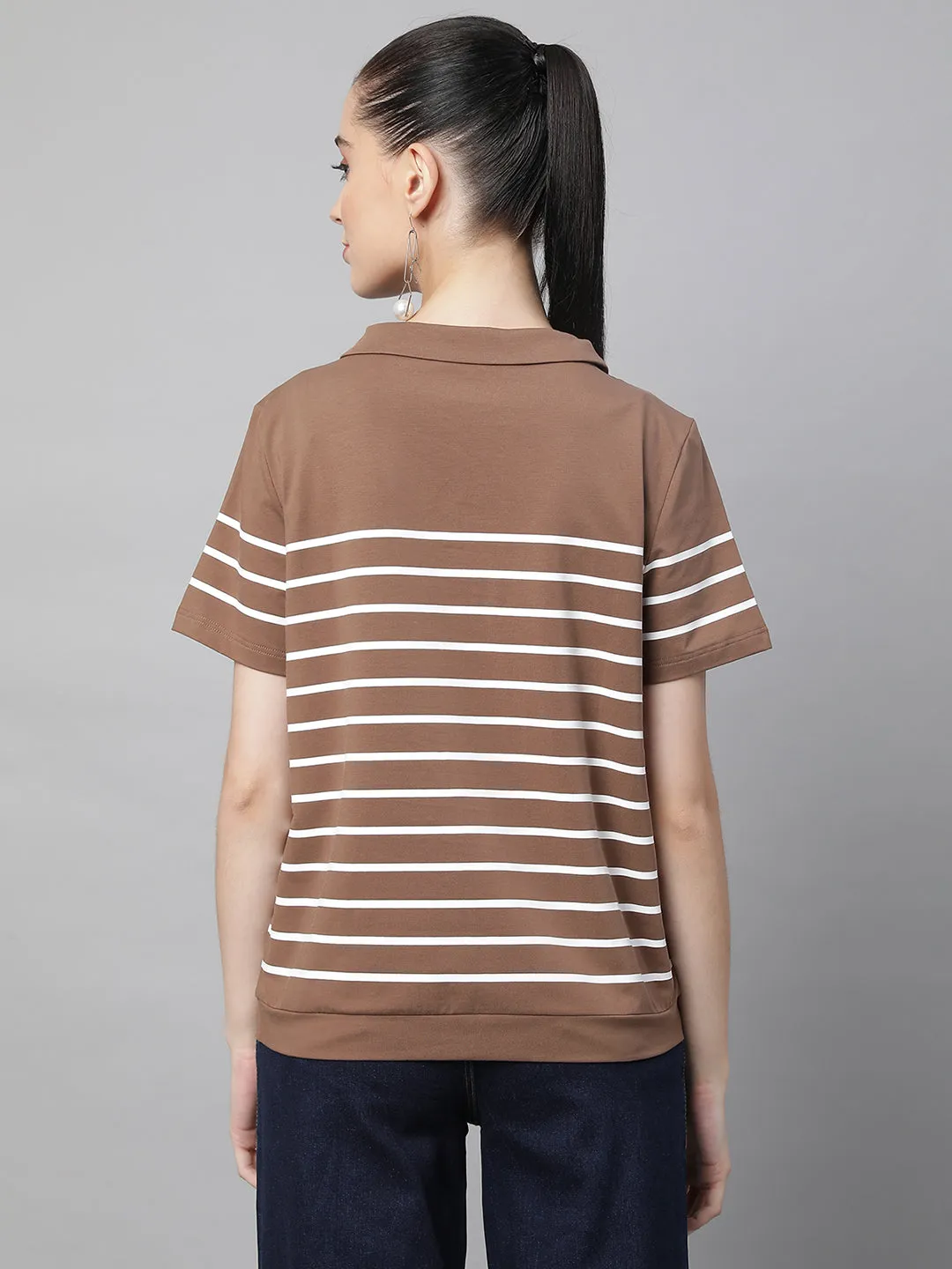 Women Peter Pan Collar White Striped Brown Top