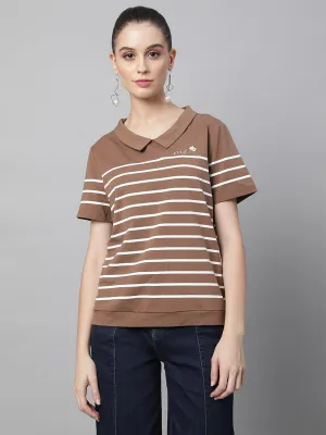 Women Peter Pan Collar White Striped Brown Top