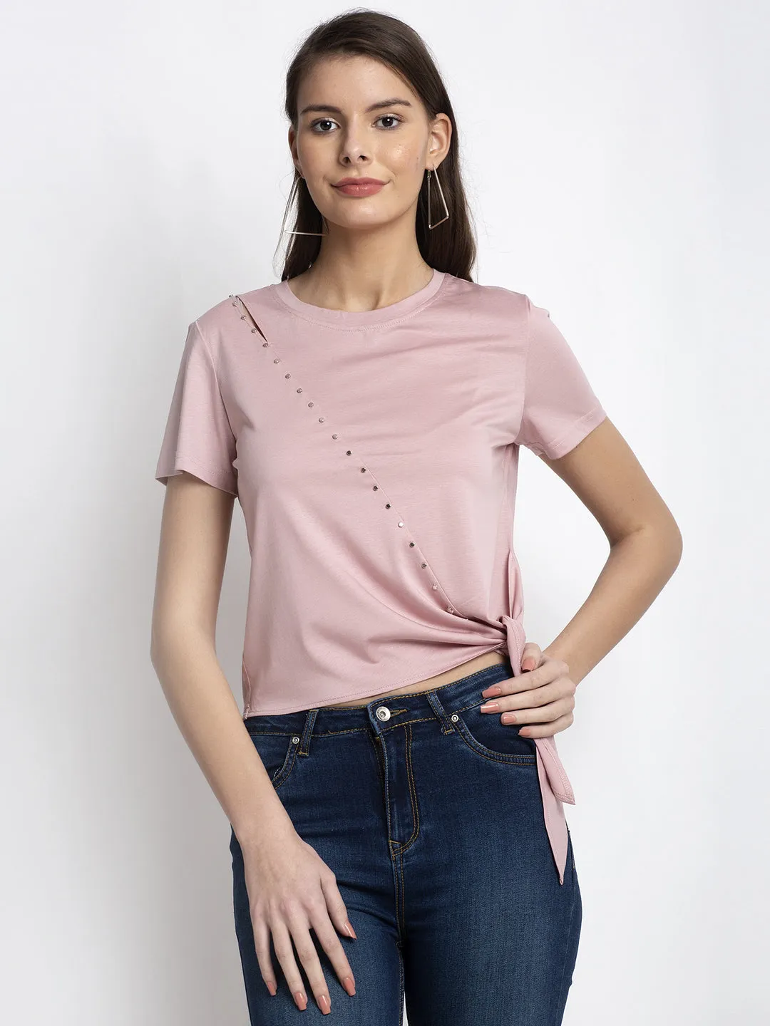 Women Pink Round Neck Half Sleeve Solid T-Shirt