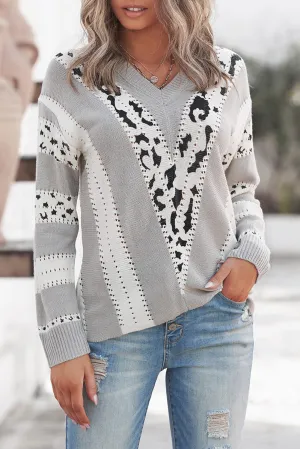 Women's Animal Print Knitted Pullover V Neck Sweater