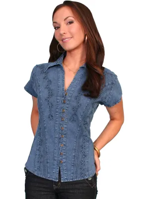 Women's Cantina Collection Top: Cap Sleeve with Floral Soutache, Dark Blue