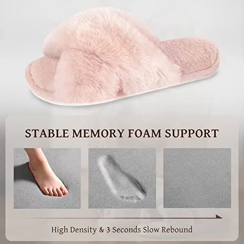 Womens Cross Band Slippers Cozy Furry Fuzzy House Slippers Open Toe Fluffy Indoor Shoes Outdoor Slip on Warm Breathable Anti-skid Sole Pink 7-8 M