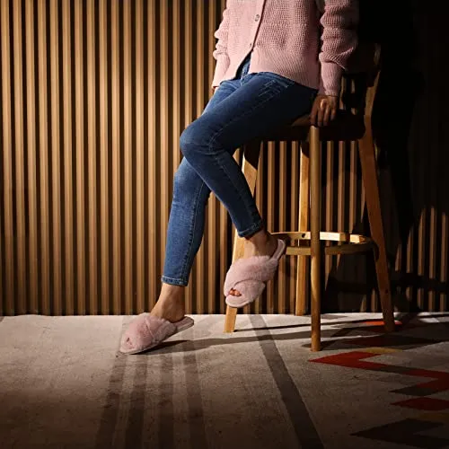 Womens Cross Band Slippers Cozy Furry Fuzzy House Slippers Open Toe Fluffy Indoor Shoes Outdoor Slip on Warm Breathable Anti-skid Sole Pink 7-8 M