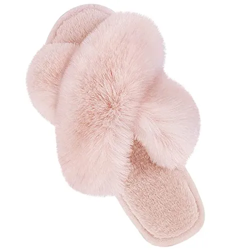 Womens Cross Band Slippers Cozy Furry Fuzzy House Slippers Open Toe Fluffy Indoor Shoes Outdoor Slip on Warm Breathable Anti-skid Sole Pink 7-8 M