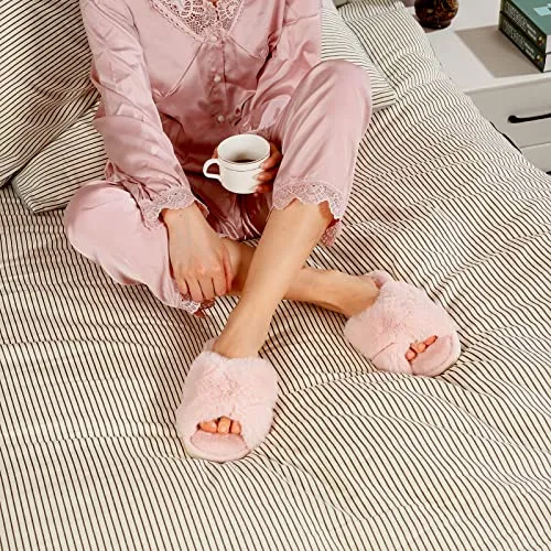 Womens Cross Band Slippers Cozy Furry Fuzzy House Slippers Open Toe Fluffy Indoor Shoes Outdoor Slip on Warm Breathable Anti-skid Sole Pink 7-8 M