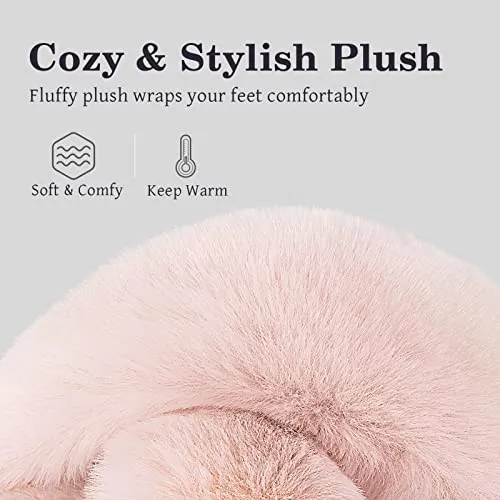 Womens Cross Band Slippers Cozy Furry Fuzzy House Slippers Open Toe Fluffy Indoor Shoes Outdoor Slip on Warm Breathable Anti-skid Sole Pink 7-8 M