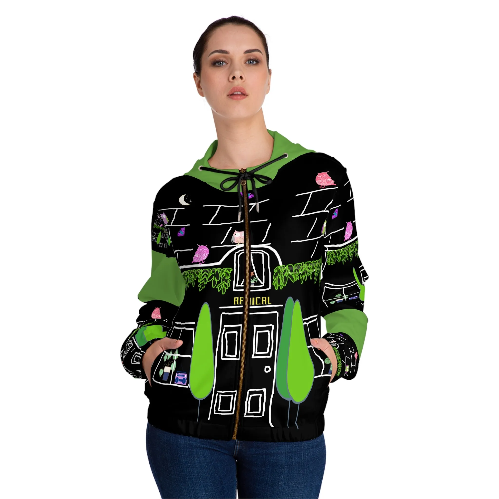 Women’s Full-Zip Hoodie (AOP) OWL HOUSE