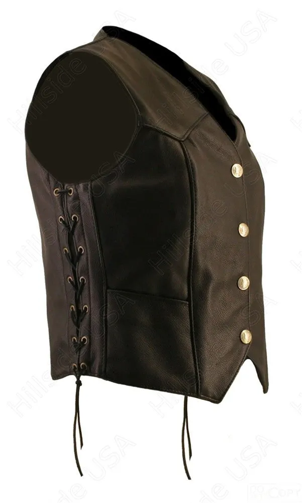 Womens Made in USA Naked Leather Motorcycle Vest Side Laces Mercury Dime Snaps