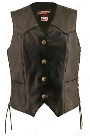 Womens Made in USA Naked Leather Motorcycle Vest Side Laces Mercury Dime Snaps